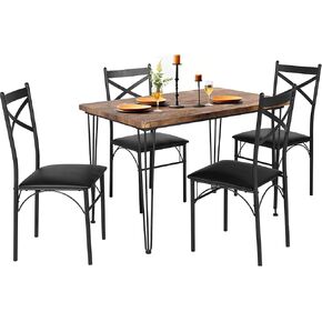 VECELO 5-Piece Dining Table Set for Home Kitchen Small Space Breakfast Nook, 4 Faux Leather Metal Frame Chairs, Brown,Set for 4 in Kuwait