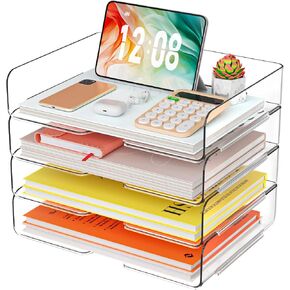 YKLSLH 4 Trays Paper Organizer Letter Tray - Acrylic Desk File Organizer, Stackable Clear Paper Holder Sorter Office Organizer for Letter/A4, Office File Ipad Books Notes Etc in Saudi Arabia