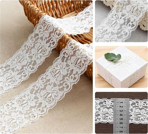 Lace Trim Ribbon, 10-Yard White Lace Ribbon, 2.36 Inch Width White Laces Trims Delicate Floral Pattern Ribbons for Crafts Sewing and Bridal Wedding Dress Applique Decorations in Kuwait
