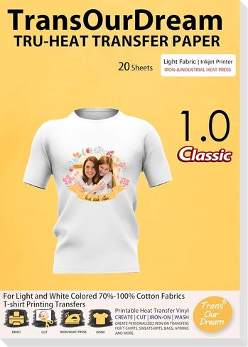 TransOurDream Heat Transfer Paper for T Shirts (20 Sheets, 8.5x11") Printable Heat Transfer Vinyl for Inkjet Printer Iron on Transfers for Light & White Fabrics (Trans-1) in Saudi Arabia