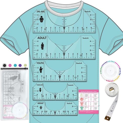 Vowlove Upgraded T-Shirt Alignment Ruler Set with Pocket Line & Age-Based Icons, Precise Center/Left-Chest Placement Tool for Shirt Making, Cricut Accessories, Heat Press, HTV, Vinyl, DTF, Sublimation in Saudi Arabia