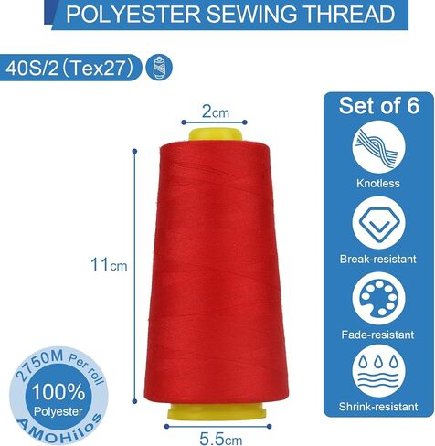 Polyester Sewing Thread All Purpose Knotless 40S/2 (Tex27) 6 Cones of 2750 Yards Each Spool Thread Total 16500 Yards for Serger Sewing Machine Quilting Piecing Overlock Hand Stitching (Red) in Saudi Arabia