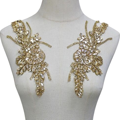 PEARLY JUN 1 Pair Rhinestone Beaded Applique Patches Gold Yellow Handcrafted Clothing Diamond DIY for Evening Dresses Bridal Gowns Dance Costumes Embellishments in Saudi Arabia