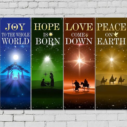 4 Pcs Advent Church Banners for Sanctuary Wall, 2 x 6 ft Nativity Scene Banner Christmas Welcome Religious Hanging Sign for Schools Church Christmas Holiday Nativity Decor in Saudi Arabia