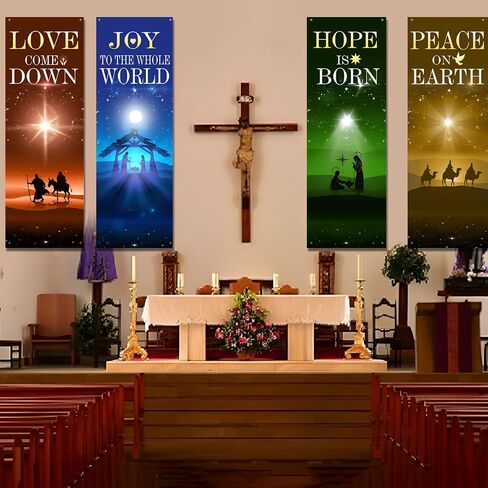 4 Pcs Advent Church Banners for Sanctuary Wall, 2 x 6 ft Nativity Scene Banner Christmas Welcome Religious Hanging Sign for Schools Church Christmas Holiday Nativity Decor in Saudi Arabia