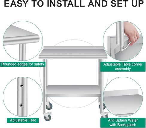 طاولة إعداد من الفولاذ المقاوم للصدأ، مقاس 60 × 24 بوصة، مع رف سفلي قابل للتعديل و4 عجلات دوارة، طاولة تجارية شديدة التحمل مع رف سفلي قابل للتعديل للاستخدام في الهواء الطلق والمطاعم والفنادق والأعمال in Kuwait