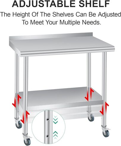 طاولة إعداد من الفولاذ المقاوم للصدأ، مقاس 60 × 24 بوصة، مع رف سفلي قابل للتعديل و4 عجلات دوارة، طاولة تجارية شديدة التحمل مع رف سفلي قابل للتعديل للاستخدام في الهواء الطلق والمطاعم والفنادق والأعمال in Kuwait