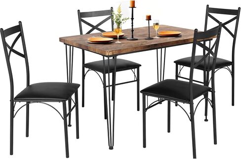 VECELO 5-Piece Dining Table Set for Home Kitchen Small Space Breakfast Nook, 4 Faux Leather Metal Frame Chairs, Brown,Set for 4 in Saudi Arabia