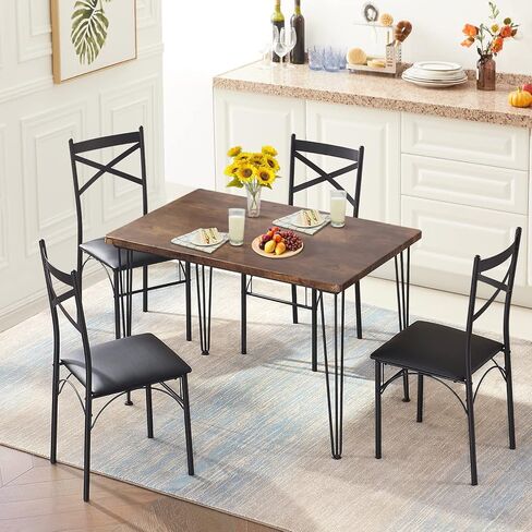 VECELO 5-Piece Dining Table Set for Home Kitchen Small Space Breakfast Nook, 4 Faux Leather Metal Frame Chairs, Brown,Set for 4 in Saudi Arabia