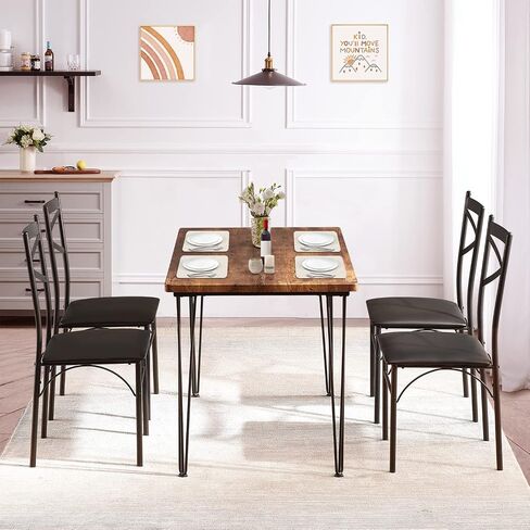 VECELO 5-Piece Dining Table Set for Home Kitchen Small Space Breakfast Nook, 4 Faux Leather Metal Frame Chairs, Brown,Set for 4 in Saudi Arabia