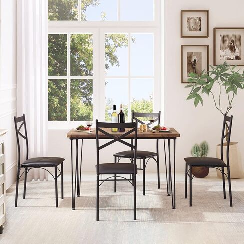 VECELO 5-Piece Dining Table Set for Home Kitchen Small Space Breakfast Nook, 4 Faux Leather Metal Frame Chairs, Brown,Set for 4 in Saudi Arabia