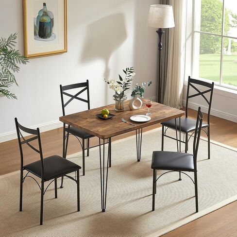 VECELO 5-Piece Dining Table Set for Home Kitchen Small Space Breakfast Nook, 4 Faux Leather Metal Frame Chairs, Brown,Set for 4 in Saudi Arabia