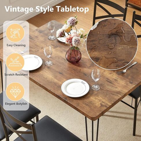 VECELO 5-Piece Dining Table Set for Home Kitchen Small Space Breakfast Nook, 4 Faux Leather Metal Frame Chairs, Brown,Set for 4 in Saudi Arabia