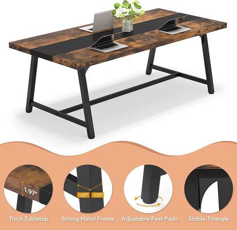 طاولة اجتماعات مستطيلة مقاس 6 أقدام من Tribesigns، مقاس 70.87 طولًا × 33.46 عرضًا × 29.92 ارتفاعًا، طاولة اجتماعات لغرفة الاجتماعات، مكتب تنفيذي خشبي بإطار معدني قوي لـ 6 أشخاص، بني in Kuwait