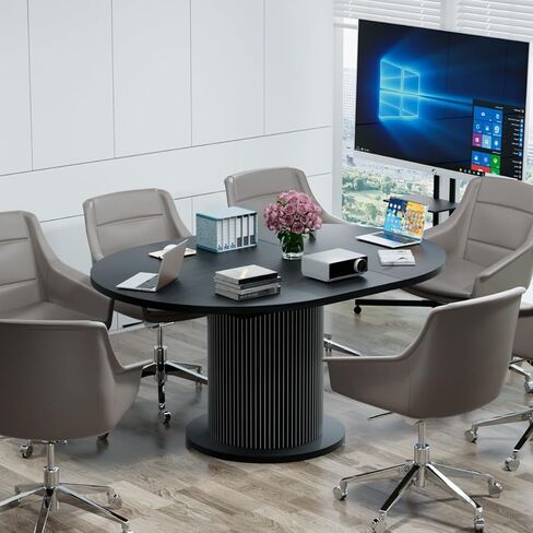 43.3 inch 59 inch Adjustable Size Round Conference Table for 4-6 People, Unique Design Modern Meeting Room Table, with Wood Strip Base (Black) in Saudi Arabia
