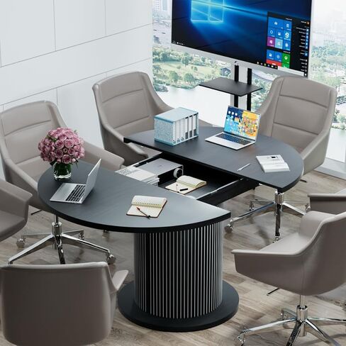 43.3 inch 59 inch Adjustable Size Round Conference Table for 4-6 People, Unique Design Modern Meeting Room Table, with Wood Strip Base (Black) in Saudi Arabia