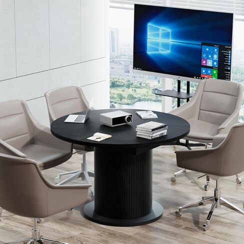 43.3 inch 59 inch Adjustable Size Round Conference Table for 4-6 People, Unique Design Modern Meeting Room Table, with Wood Strip Base (Black) in Saudi Arabia