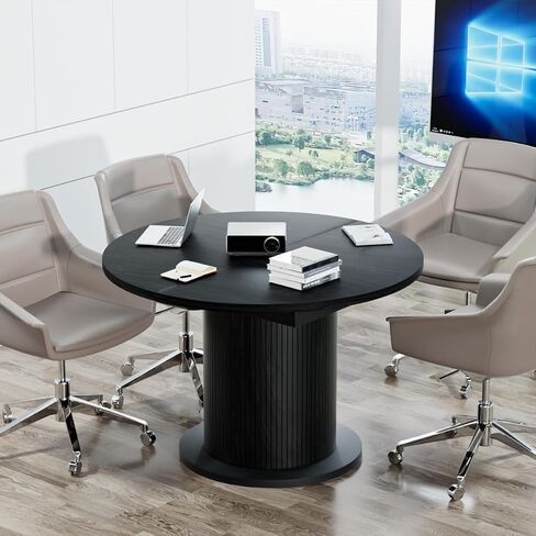 43.3 inch 59 inch Adjustable Size Round Conference Table for 4-6 People, Unique Design Modern Meeting Room Table, with Wood Strip Base (Black) in Saudi Arabia