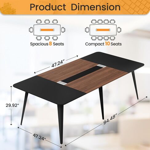 Furmax 8FT Conference Table, 94.48" Meeting Seminar Table with Cable Grommets, Boardroom Table Workstation for Meeting Room, Office Conference (Black & Walnut) in Saudi Arabia
