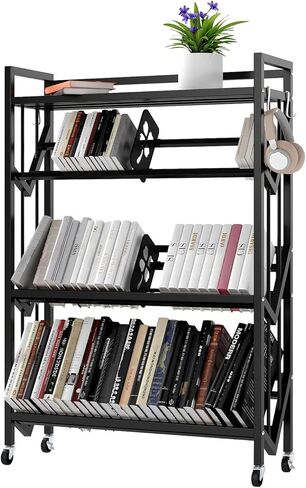 كتاب عربات 4 طبقة الكتب العربة سعة كبيرة في الكتب تخزين رف تخزين الكتب المحمول مع عربة العجلات للمكاتب المنزلية غرفة المعيشة الفصل 46.5x32x9.84 في (أسود) in Kuwait