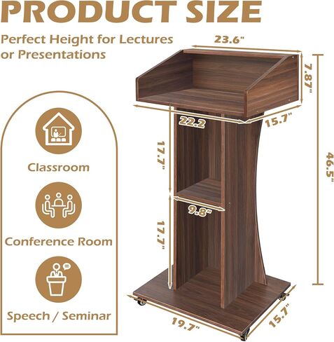 Podium Stand with Lockable Wheels,47"H Wooden Podium for Classroom, Mobile Pulpit Lectern with 3 Storage Shelves for Church, Office,Conference Room (Black) in Saudi Arabia