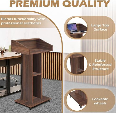 Podium Stand with Lockable Wheels,47"H Wooden Podium for Classroom, Mobile Pulpit Lectern with 3 Storage Shelves for Church, Office,Conference Room (Black) in Saudi Arabia