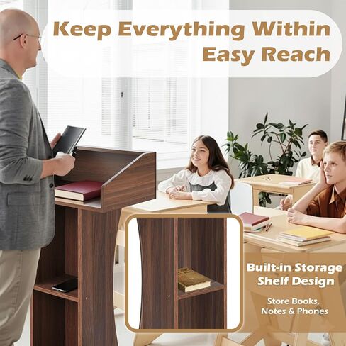 Podium Stand with Lockable Wheels,47"H Wooden Podium for Classroom, Mobile Pulpit Lectern with 3 Storage Shelves for Church, Office,Conference Room (Black) in Saudi Arabia