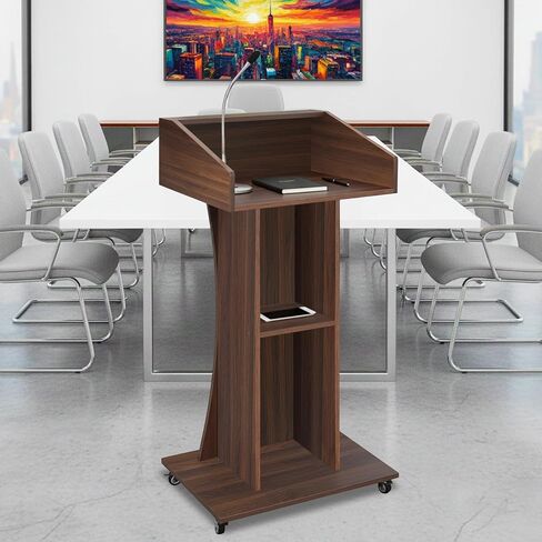 Podium Stand with Lockable Wheels,47"H Wooden Podium for Classroom, Mobile Pulpit Lectern with 3 Storage Shelves for Church, Office,Conference Room (Black) in Saudi Arabia