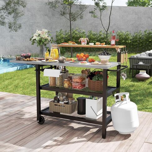 Multi-Layer Outdoor Grill Table Bar Grill Cart with Storage Cabinet, Outdoor Kitchen Island Prep Station with Foldable Side Shelf, Pizza Oven Table for Lawn & Garden in Saudi Arabia