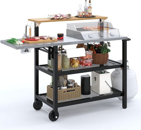 Multi-Layer Outdoor Grill Table Bar Grill Cart with Storage Cabinet, Outdoor Kitchen Island Prep Station with Foldable Side Shelf, Pizza Oven Table for Lawn & Garden in Saudi Arabia