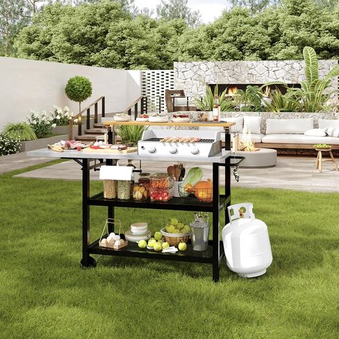 Multi-Layer Outdoor Grill Table Bar Grill Cart with Storage Cabinet, Outdoor Kitchen Island Prep Station with Foldable Side Shelf, Pizza Oven Table for Lawn & Garden in Saudi Arabia
