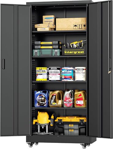 INTERGREAT Metal Storage Cabinet with Wheels, 73" H Rolling Metal Cabinets with Doors and Shelves, Black Steel Lockable Cabinet on Wheels for Garage Storage in Kuwait