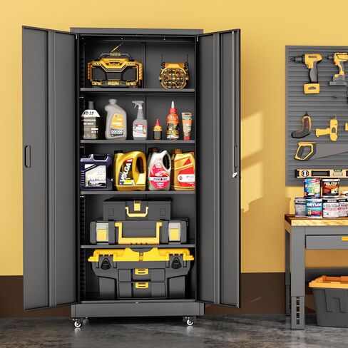 INTERGREAT Metal Storage Cabinet with Wheels, 73" H Rolling Metal Cabinets with Doors and Shelves, Black Steel Lockable Cabinet on Wheels for Garage Storage in Kuwait