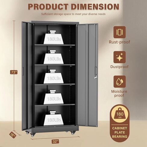 INTERGREAT Metal Storage Cabinet with Wheels, 73" H Rolling Metal Cabinets with Doors and Shelves, Black Steel Lockable Cabinet on Wheels for Garage Storage in Kuwait