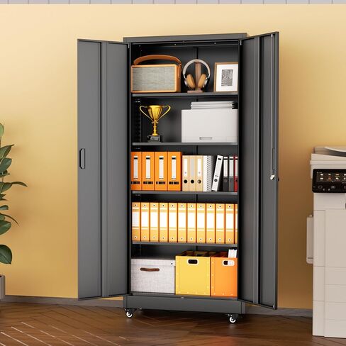 INTERGREAT Metal Storage Cabinet with Wheels, 73" H Rolling Metal Cabinets with Doors and Shelves, Black Steel Lockable Cabinet on Wheels for Garage Storage in Kuwait