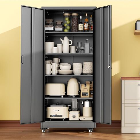 INTERGREAT Metal Storage Cabinet with Wheels, 73" H Rolling Metal Cabinets with Doors and Shelves, Black Steel Lockable Cabinet on Wheels for Garage Storage in Kuwait
