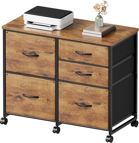 Lateral File Cabinet with 5 Drawers Rolling Filing Cabinets Under Desk Storage Printer Stand with Wheels,Mobile File Cabinet for Home Office,Rustic Brown in Kuwait