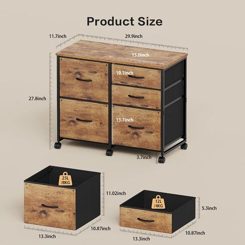 Lateral File Cabinet with 5 Drawers Rolling Filing Cabinets Under Desk Storage Printer Stand with Wheels,Mobile File Cabinet for Home Office,Rustic Brown in Kuwait