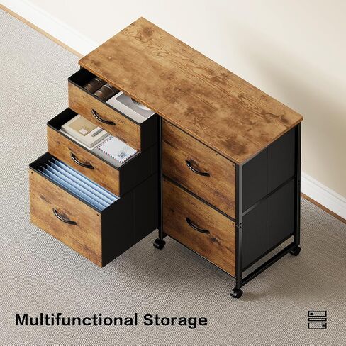 Lateral File Cabinet with 5 Drawers Rolling Filing Cabinets Under Desk Storage Printer Stand with Wheels,Mobile File Cabinet for Home Office,Rustic Brown in Kuwait