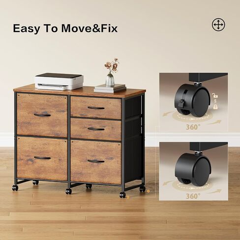 Lateral File Cabinet with 5 Drawers Rolling Filing Cabinets Under Desk Storage Printer Stand with Wheels,Mobile File Cabinet for Home Office,Rustic Brown in Kuwait