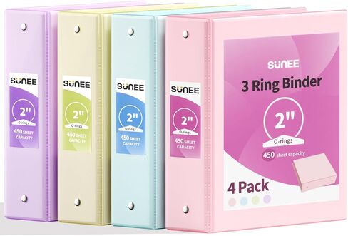 SUNEE 3 مجلدات حلقية مقاس 2 بوصة 4 عبوات، حافظة شفافة بثلاث حلقات خالية من PVC (تناسب 8.5 × 11 بوصة) للمدرسة أو اللوازم المكتبية، ألوان باستيل متنوعة in Saudi Arabia