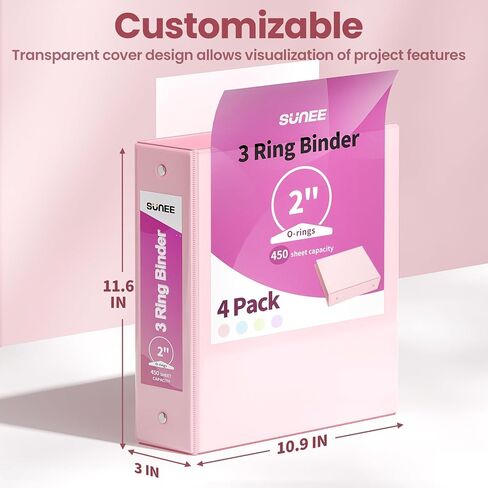 SUNEE 3 مجلدات حلقية مقاس 2 بوصة 4 عبوات، حافظة شفافة بثلاث حلقات خالية من PVC (تناسب 8.5 × 11 بوصة) للمدرسة أو اللوازم المكتبية، ألوان باستيل متنوعة in Saudi Arabia