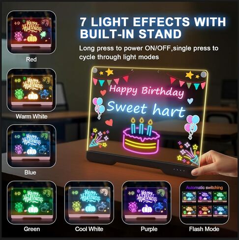 لوحة ملاحظات LED محمولة بألوان، قابلة لإعادة الشحن مقاس 16 بوصة و7 تأثيرات ضوئية Doodle Glow Memo رسالة مسح جاف للرسم لوحة Lumi مع حامل للهدايا/الفصول الدراسية/المكتب/الأطفال، 5 علامات وكتاب رسم in Kuwait