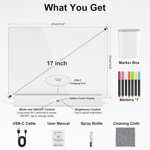 LED Note Board with Colors, Rechargeable 17-Inch Doodle Glow 9-Mode Light Up Desk Sign Letter Message Memo Drawing Dry Erase Board for Classroom/Home Decor/Office/Gifts, 5 Markers in Kuwait