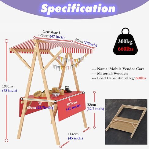 عربة بيع تجارية بعجلات ومظلة، عربة عرض طعام قابلة للطي للمناسبات/سوق المزارعين/الشارع/الشاطئ، كشك خشبي للبيع بالتجزئة عالي التحمل (أحمر، مقاس L 59 بوصة) in Kuwait