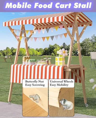 عربة بيع تجارية بعجلات ومظلة، عربة عرض طعام قابلة للطي للمناسبات/سوق المزارعين/الشارع/الشاطئ، كشك خشبي للبيع بالتجزئة عالي التحمل (أحمر، مقاس L 59 بوصة) in Kuwait