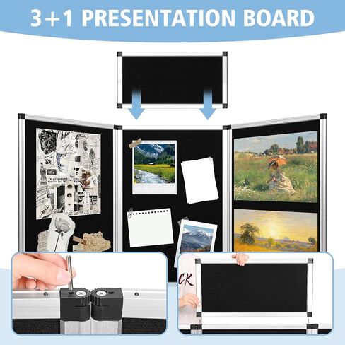 Nisorpa 3+1 Panel Folding Trade Show Presentation Board 70.8“ x 35.4" Trifold Desktop Display Board with Carry Bag Large Metal Frame Tabletop Display 4 Panels-Black in Saudi Arabia
