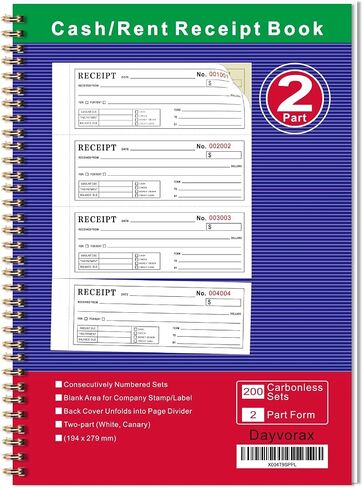 Money and Rent Receipt Books - Receipt Book with 2 Part Carbonless Copies, 7-5/8" x 11", Wraparound Cover, Spiral Bound 200 Sets per Book, 4 Receipts per Page (1 Pack） in Saudi Arabia