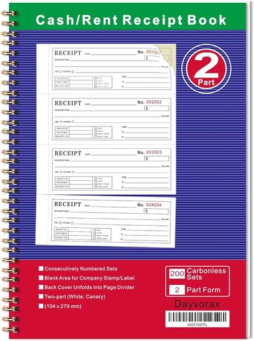 كتب إيصالات الأموال والإيجار - كتاب إيصالات مع نسختين بدون كربونات، 7-5/8 بوصة × 11 بوصة، غطاء ملفوف، غلاف حلزوني 200 مجموعة لكل كتاب، 4 إيصالات لكل صفحة (عبوة واحدة) in Kuwait