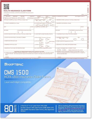 80 ورقة نماذج مطالبة CMS 1500، نماذج مطالبات التأمين HCFA 1500، الإصدار الجديد HCFA 1500 مراجعة 02/2012، متوافقة مع الليزر ونفث الحبر، حجم الرسالة 8-12 بوصة × 11 بوصة in Kuwait
